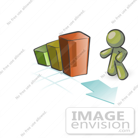 #37166 Clip Art Graphic of an Olive Green Guy Character With a Bar Graph by Jester Arts