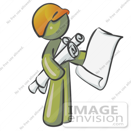 #37168 Clip Art Graphic of an Olive Green Guy Character Holding Blueprints by Jester Arts