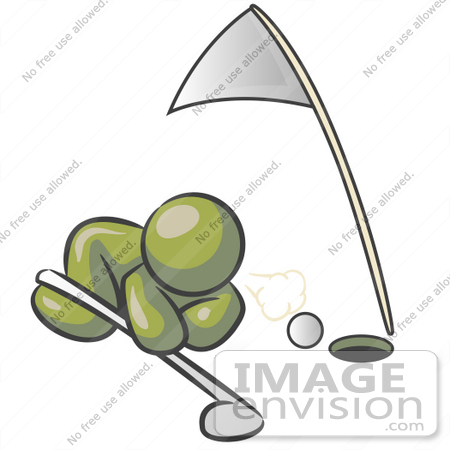 #37170 Clip Art Graphic of an Olive Green Guy Character Trying to Blow a Golf Ball in a Hole by Jester Arts