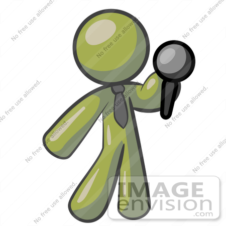 #37172 Clip Art Graphic of an Olive Green Guy Character Holding a Microphone by Jester Arts