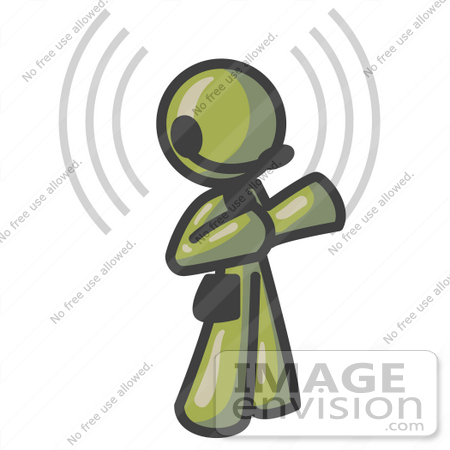 #37173 Clip Art Graphic of an Olive Green Guy Character Talking on a Headset, With Sound Waves by Jester Arts