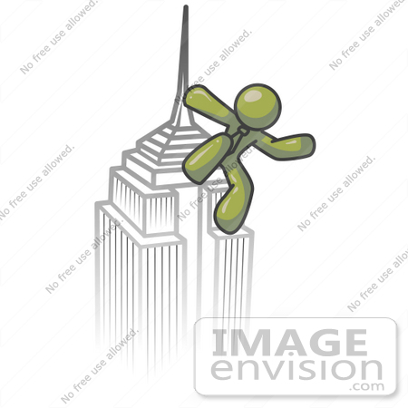 #37178 Clip Art Graphic of an Olive Green Guy Character on a Skyscraper by Jester Arts