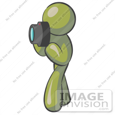 #37179 Clip Art Graphic of an Olive Green Guy Character Taking Pictures by Jester Arts
