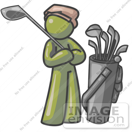#37180 Clip Art Graphic of an Olive Green Guy Character Golfing by Jester Arts
