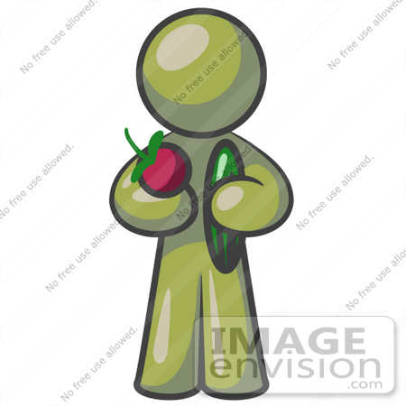 #37181 Clip Art Graphic of an Olive Green Guy Character Holding Veggies by Jester Arts
