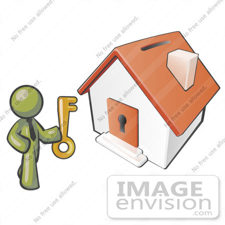 #37186 Clip Art Graphic of an Olive Green Guy Character Holding a Key to a House by Jester Arts