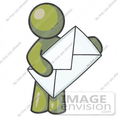 #37189 Clip Art Graphic of an Olive Green Guy Character Holding an Envelope by Jester Arts