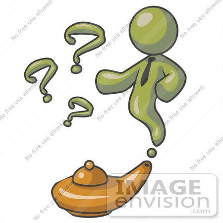 #37190 Clip Art Graphic of an Olive Green Guy Character Emerging From a Genie Lamp by Jester Arts
