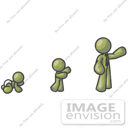 #37193 Clip Art Graphic of an Olive Green Guy Character Growing From a Baby to an Adult by Jester Arts