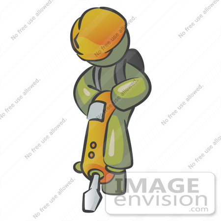 #37194 Clip Art Graphic of an Olive Green Guy Character Operating a Jack Hammer by Jester Arts