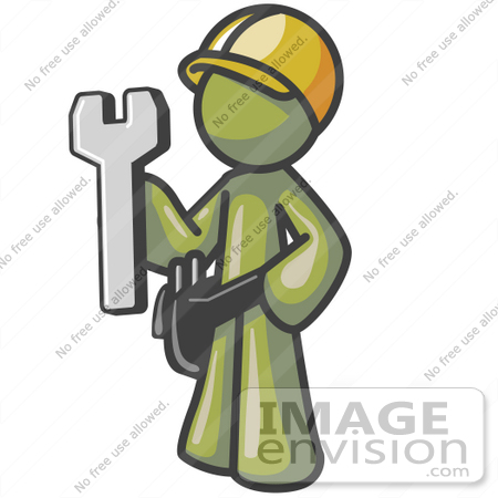 #37195 Clip Art Graphic of an Olive Green Guy Character Holding a Spanner by Jester Arts
