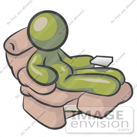 #37200 Clip Art Graphic of a Chubby Olive Green Guy Character Sitting in a Lazy Chair by Jester Arts