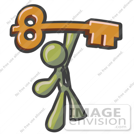 #37201 Clip Art Graphic of an Olive Green Guy Character Holding a Skeleton Key by Jester Arts