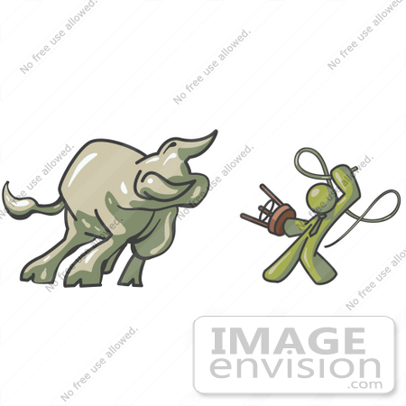 #37203 Clip Art Graphic of an Olive Green Guy Character Taming a Bull With a Whip by Jester Arts