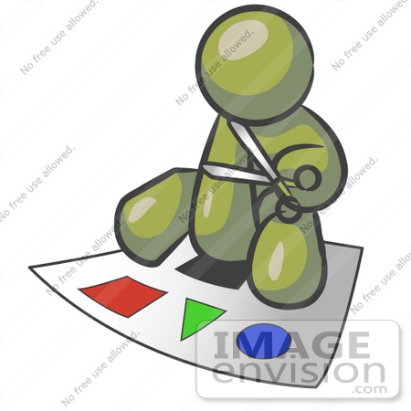 #37206 Clip Art Graphic of an Olive Green Guy Character Cutting Shapes by Jester Arts