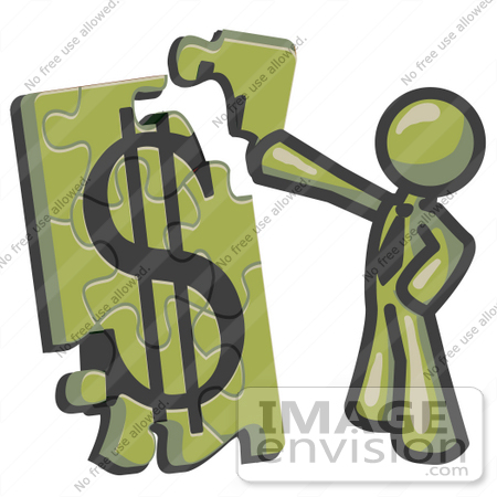 #37207 Clip Art Graphic of an Olive Green Guy Character Assembling a Financial Puzzle by Jester Arts