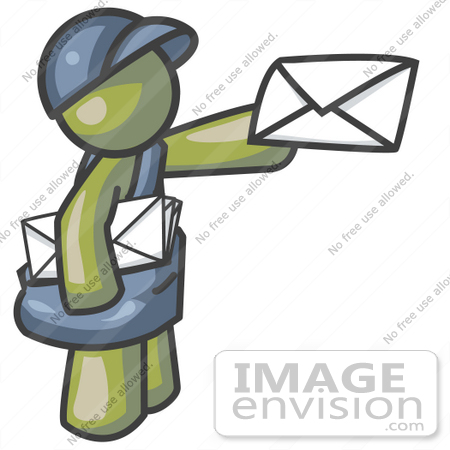 #37209 Clip Art Graphic of an Olive Green Guy Character Delivering Mail by Jester Arts
