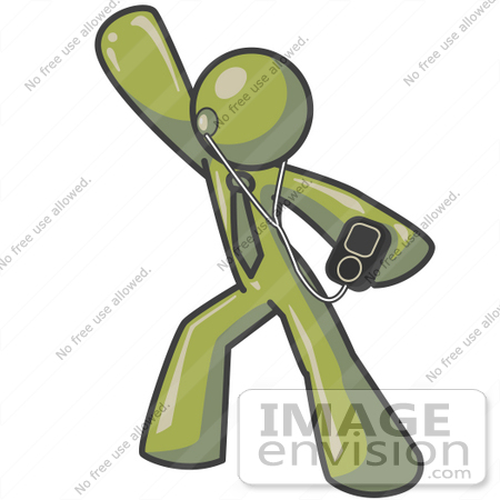 #37214 Clip Art Graphic of an Olive Green Guy Character Dancing With MP3 Music by Jester Arts