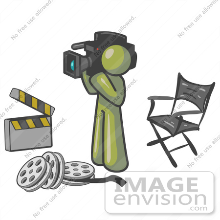 #37216 Clip Art Graphic of an Olive Green Guy Character Filming a Movie by Jester Arts