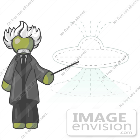 #37218 Clip Art Graphic of an Olive Green Guy Character as Einstein, Pointing to a UFO by Jester Arts
