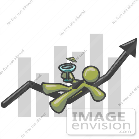 #37220 Clip Art Graphic of an Olive Green Guy Character Drinking a Cocktail on a Bar Graph by Jester Arts