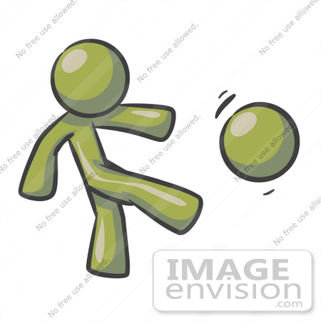 #37222 Clip Art Graphic of an Olive Green Guy Character Kicking a Ball by Jester Arts