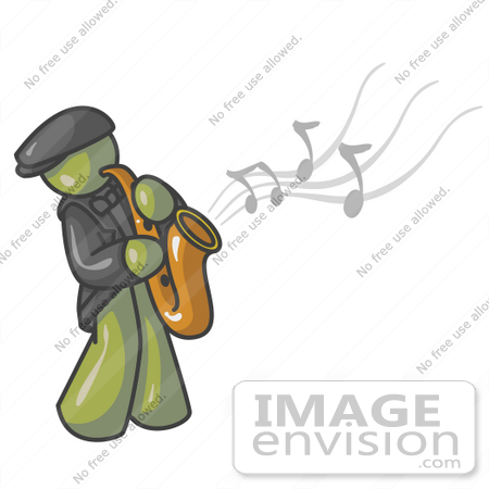 #37229 Clip Art Graphic of an Olive Green Guy Character Playing Jazz Music With a Sax by Jester Arts