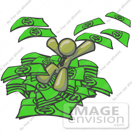 #37231 Clip Art Graphic of an Olive Green Guy Character Jumping in a Pile of Cash by Jester Arts