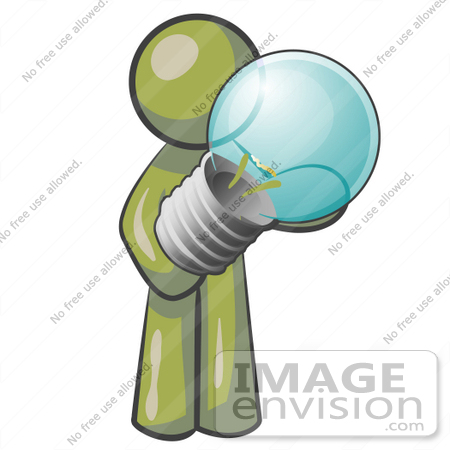 #37232 Clip Art Graphic of an Olive Green Guy Character Holding a Light Bulb by Jester Arts