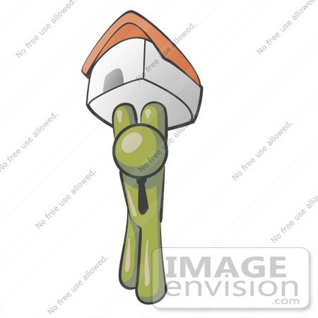 #37234 Clip Art Graphic of an Olive Green Guy Character Holding up a House by Jester Arts