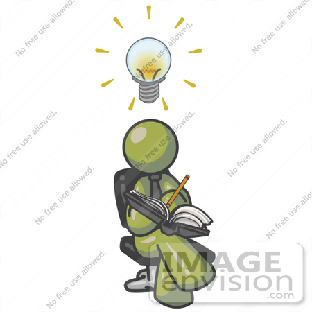 #37235 Clip Art Graphic of an Olive Green Guy Character Jotting Ideas Down in a Book by Jester Arts