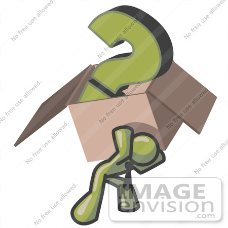 #37237 Clip Art Graphic of an Olive Green Guy Character Carrying a Box of Questions by Jester Arts