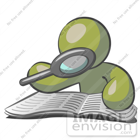 #37239 Clip Art Graphic of an Olive Green Guy Character Reading With a Magnifying Glass by Jester Arts