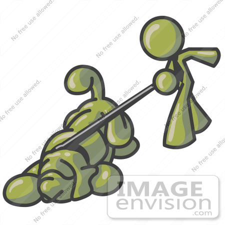 #37240 Clip Art Graphic of an Olive Green Guy Character Walking a Dog by Jester Arts