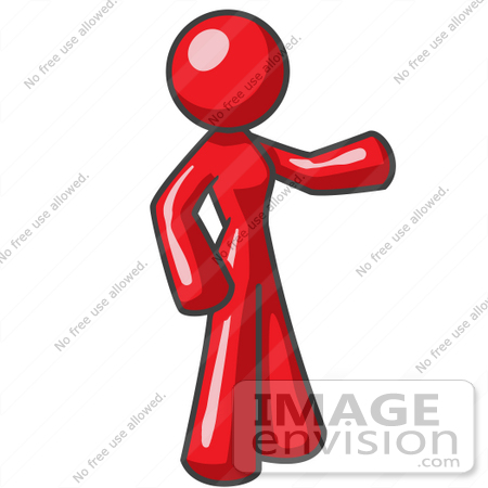 #37242 Clip Art Graphic of a Red Lady Character Pointing by Jester Arts