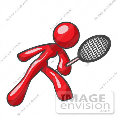 #37243 Clip Art Graphic of a Red Lady Character Playing Tennis by Jester Arts