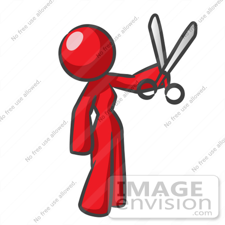 #37246 Clip Art Graphic of a Red Lady Character Holding Scissors by Jester Arts