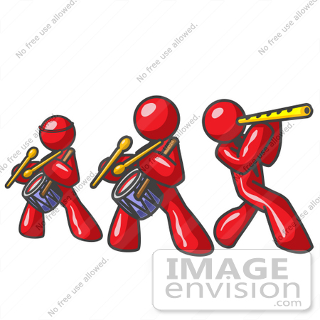 #37247 Clip Art Graphic of Red Guy Characters Playing Flutes and Drums in a Band by Jester Arts