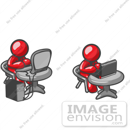 #37248 Clip Art Graphic of Red Guy Characters Using Laptop and Desktop Computers by Jester Arts