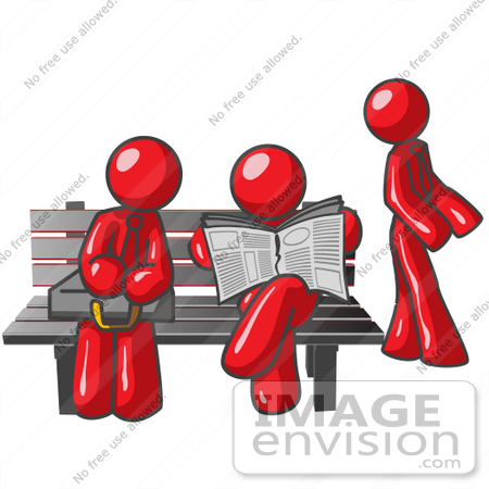 #37249 Clip Art Graphic of Red Guy Characters Waiting at a Bus Stop by Jester Arts