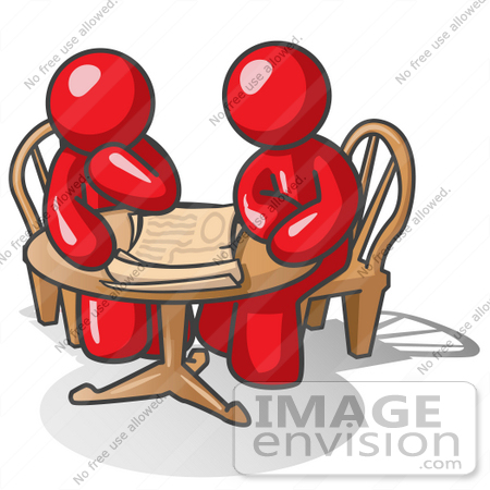 #37250 Clip Art Graphic of Red Guy Characters Planning at a Table by Jester Arts