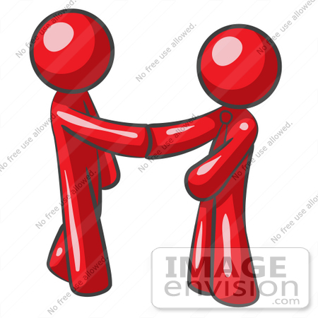 #37252 Clip Art Graphic of Red Guy Characters Shaking Hands by Jester Arts