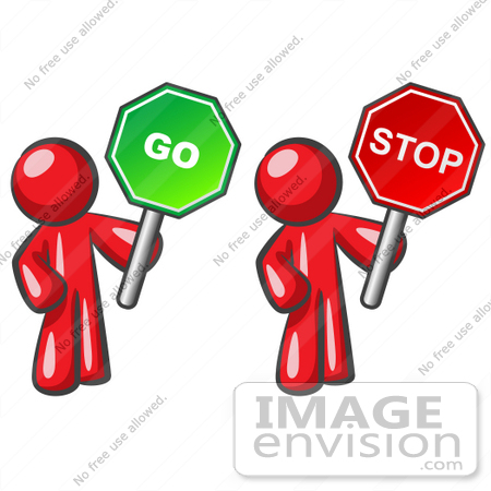 #37254 Clip Art Graphic of Red Guy Characters Holding up Go and Stop Signs by Jester Arts
