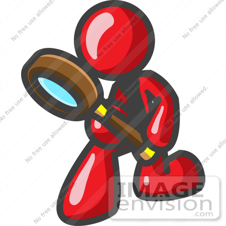 #37265 Clip Art Graphic of a Red Guy Character Kneeling With a Magnifying Glass by Jester Arts
