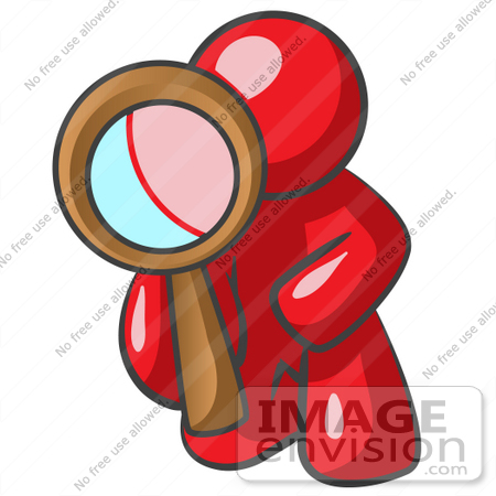 #37266 Clip Art Graphic of a Red Guy Character Using a Magnifying Glass by Jester Arts
