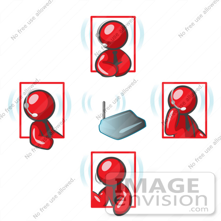 #37270 Clip Art Graphic of Red Guy Characters Having a Conference on Headsets by Jester Arts