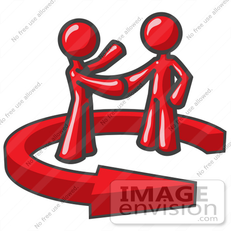 #37271 Clip Art Graphic of Red Guy Characters Shaking Hands Inside a Circling Arrow by Jester Arts