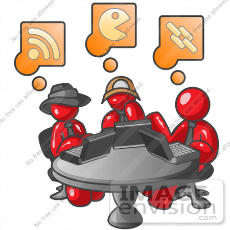 #37273 Clip Art Graphic of Red Guy Characters Using Laptops in an Internet Cafe by Jester Arts