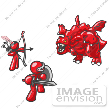 #37276 Clip Art Graphic of Red Guy Characters Fighting a Dragon by Jester Arts