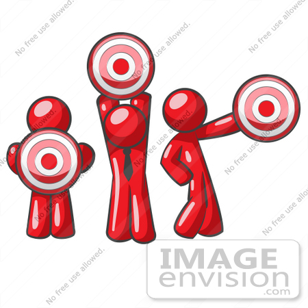 #37277 Clip Art Graphic of Red Guy Characters Holding Targets by Jester Arts